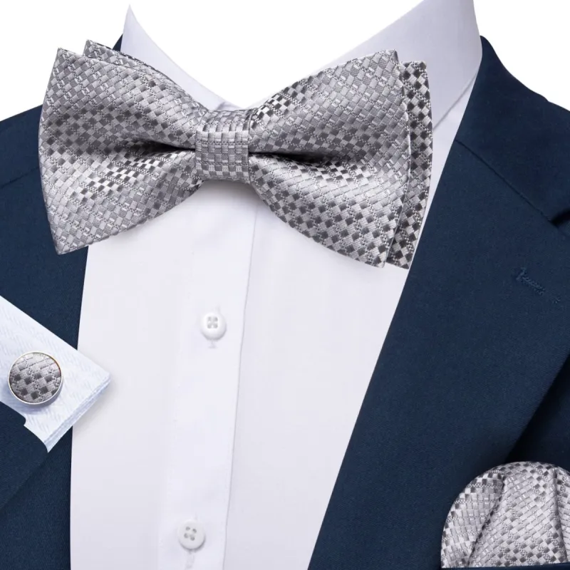 Barry. Wang Silk Pre-Tied Silver Grey Plaid Bow Tie Hanky Cufflinks Set sold by Barrywang