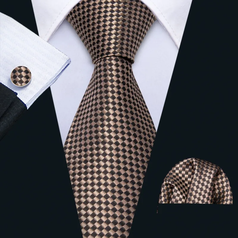 Barry. Wang Black BrownNecktie Plaid Tie Pocket Square Cufflinks Set sold by Barrywang