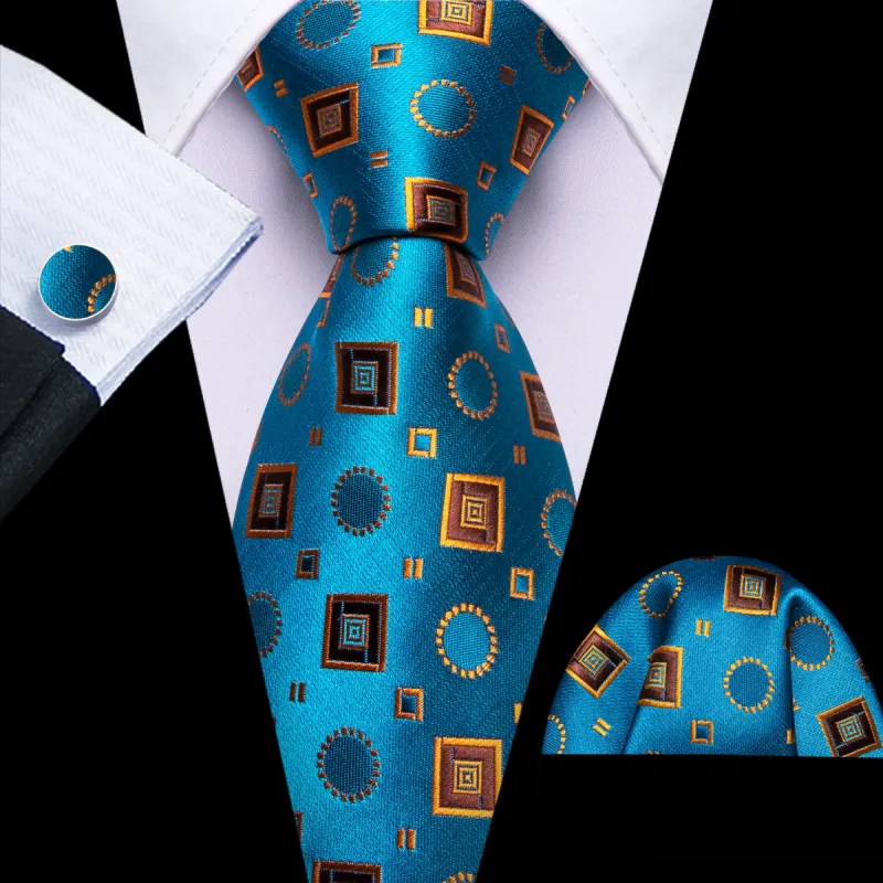 Barry Wang Deep Sky Blue Tie Orange Brown Squares Novelty Necktie Set sold by Barrywang