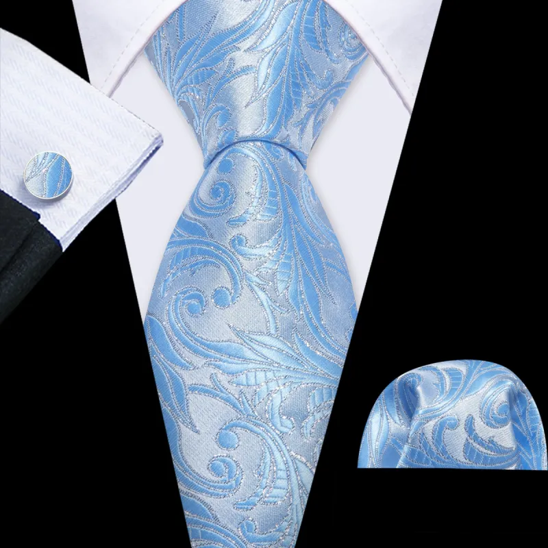 Barry Wang Teal Ties Cyan Silver Floral Silk Tie Hanky Cufflinks Set sold by Barrywang