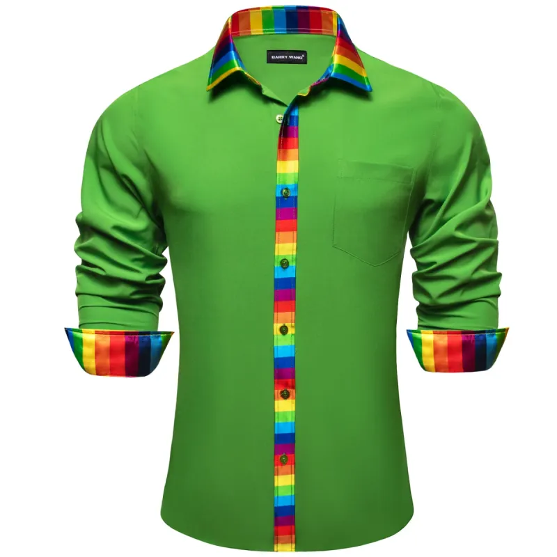 Barry. Wang Lime Green Shirt Splicing Rainbow Color Collar Cuffs Shirt sold by Barrywang