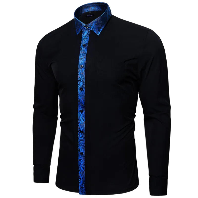 Barry. Wang Black Blue Splicing Men's Business Shirt sold by Barrywang