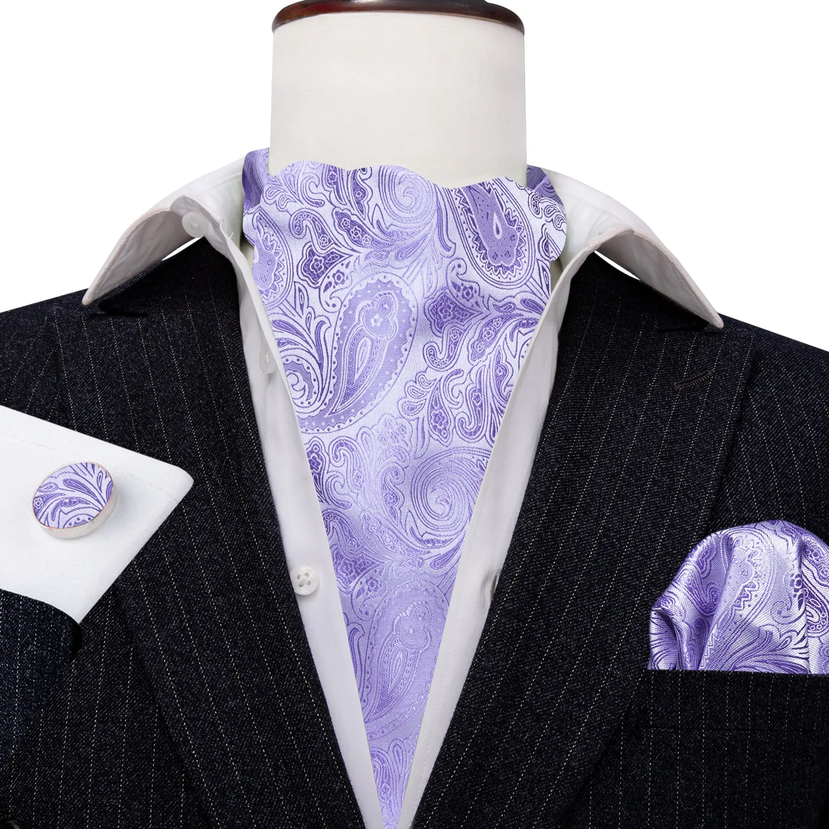 Light Purple Paisley Ascot Handkerchief Cufflinks Set sold by Barrywang product image thumbnail 5