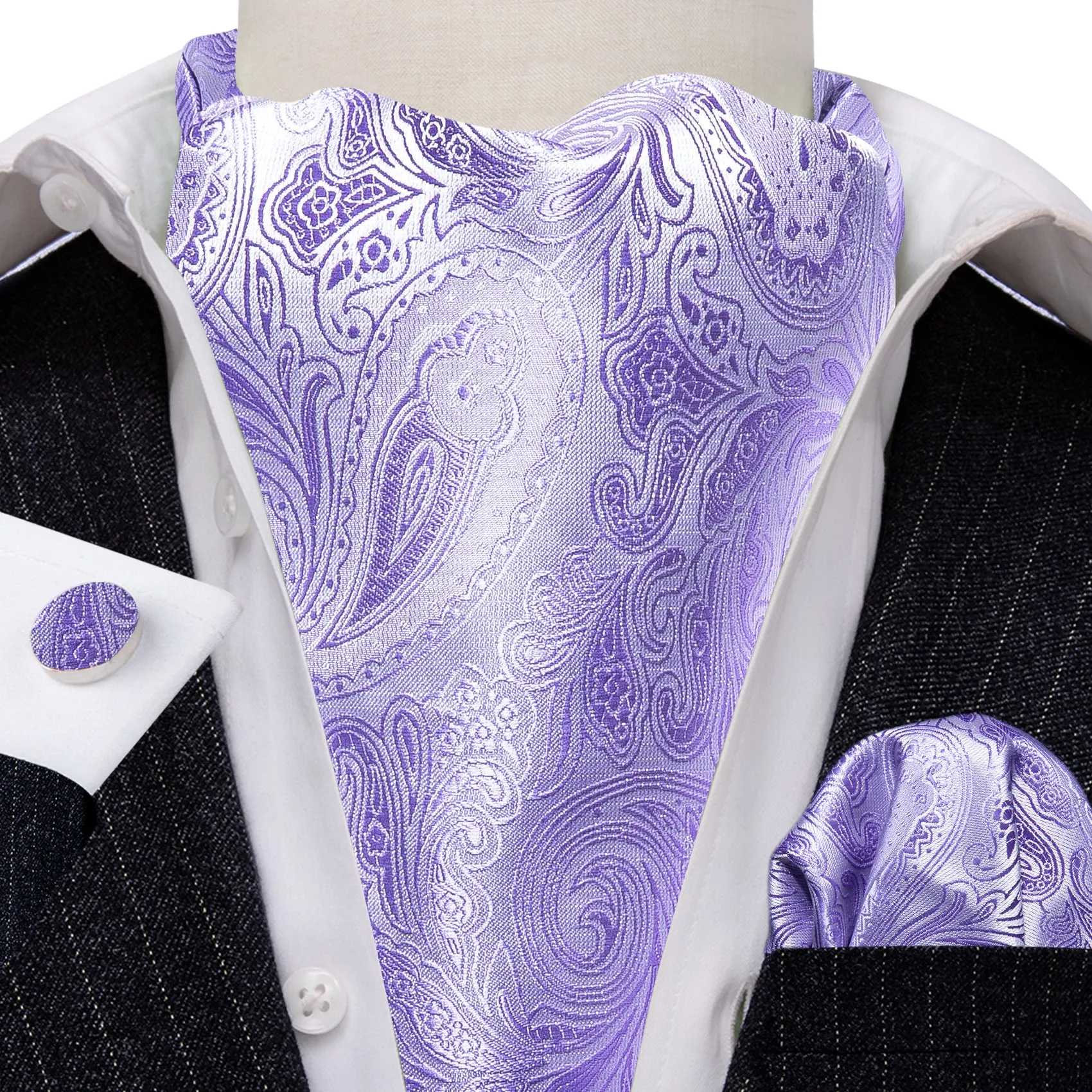 Light Purple Paisley Ascot Handkerchief Cufflinks Set sold by Barrywang product image thumbnail 2