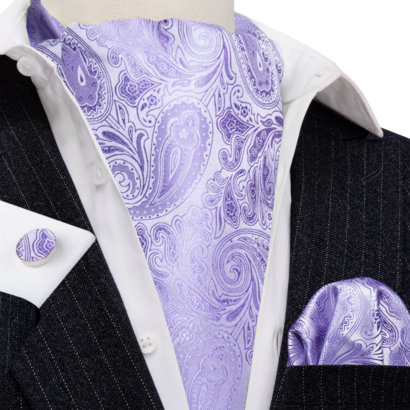 Light Purple Paisley Ascot Handkerchief Cufflinks Set sold by Barrywang product image thumbnail 3