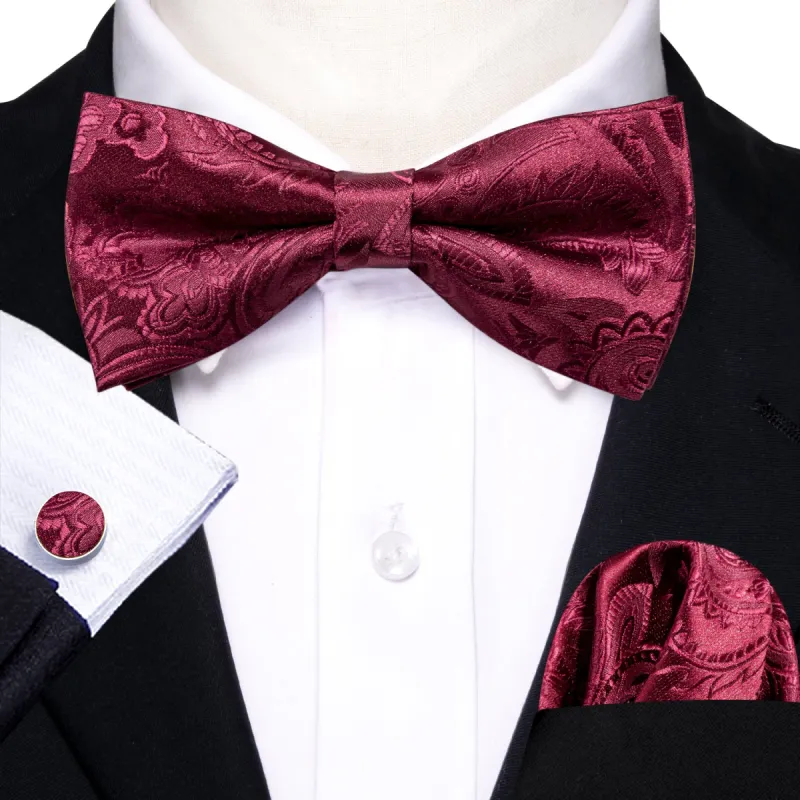Barry.wang Floral Tie Red Wine Paisley Pre-tied Bow Tie Hanky Cufflinks Set sold by Barrywang