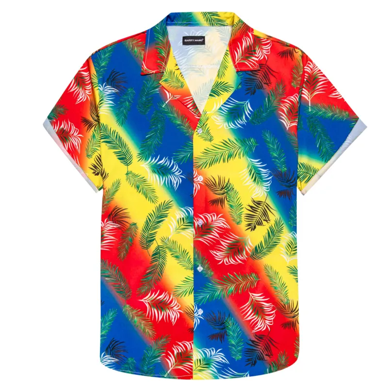 Barry. Wang Casual Mens Shirts Yellow Red Feather Short Sleeves Hawaii Shirt sold by Barrywang
