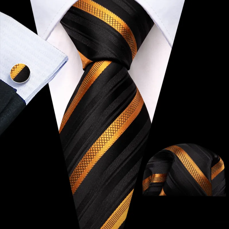 Barry Wang Mens Striped Tie Black Necktie Set with Gold Stripes sold by Barrywang