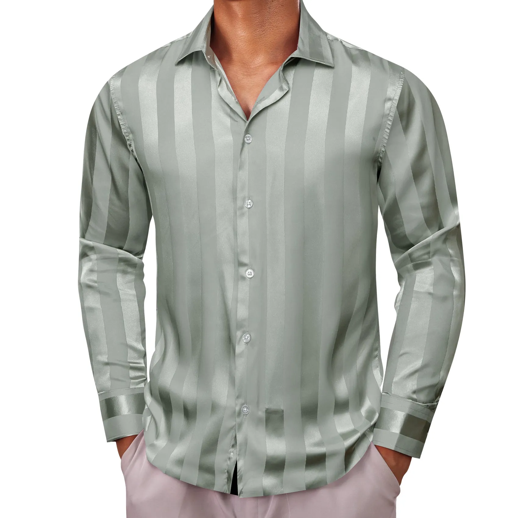 Barry.wang Darkseagreen Striped Silk Men's Shirt sold by Barrywang product image thumbnail 5