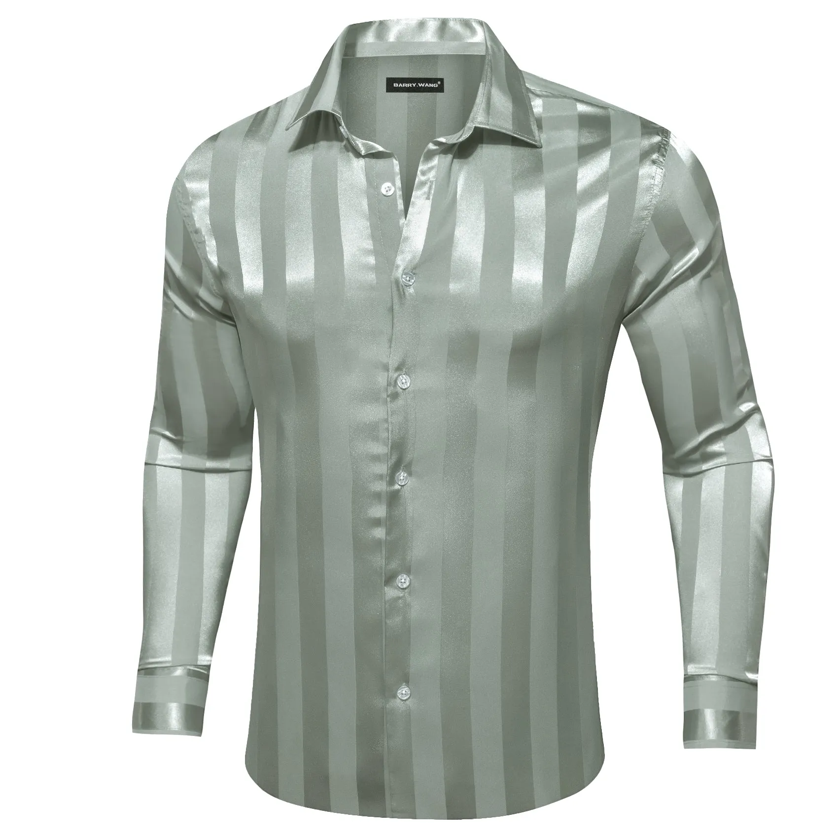 Barry.wang Darkseagreen Striped Silk Men's Shirt sold by Barrywang