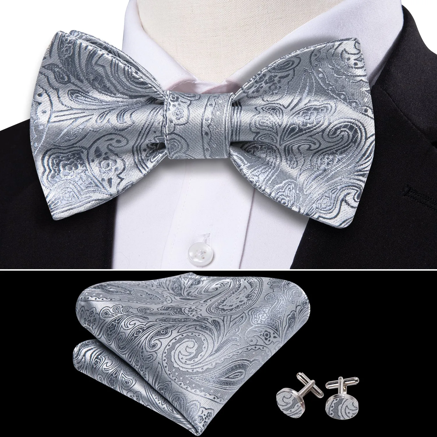 Barry. Wang Silver Paisley Bow Tie Hanky Cufflinks Set sold by Barrywang product image thumbnail 3