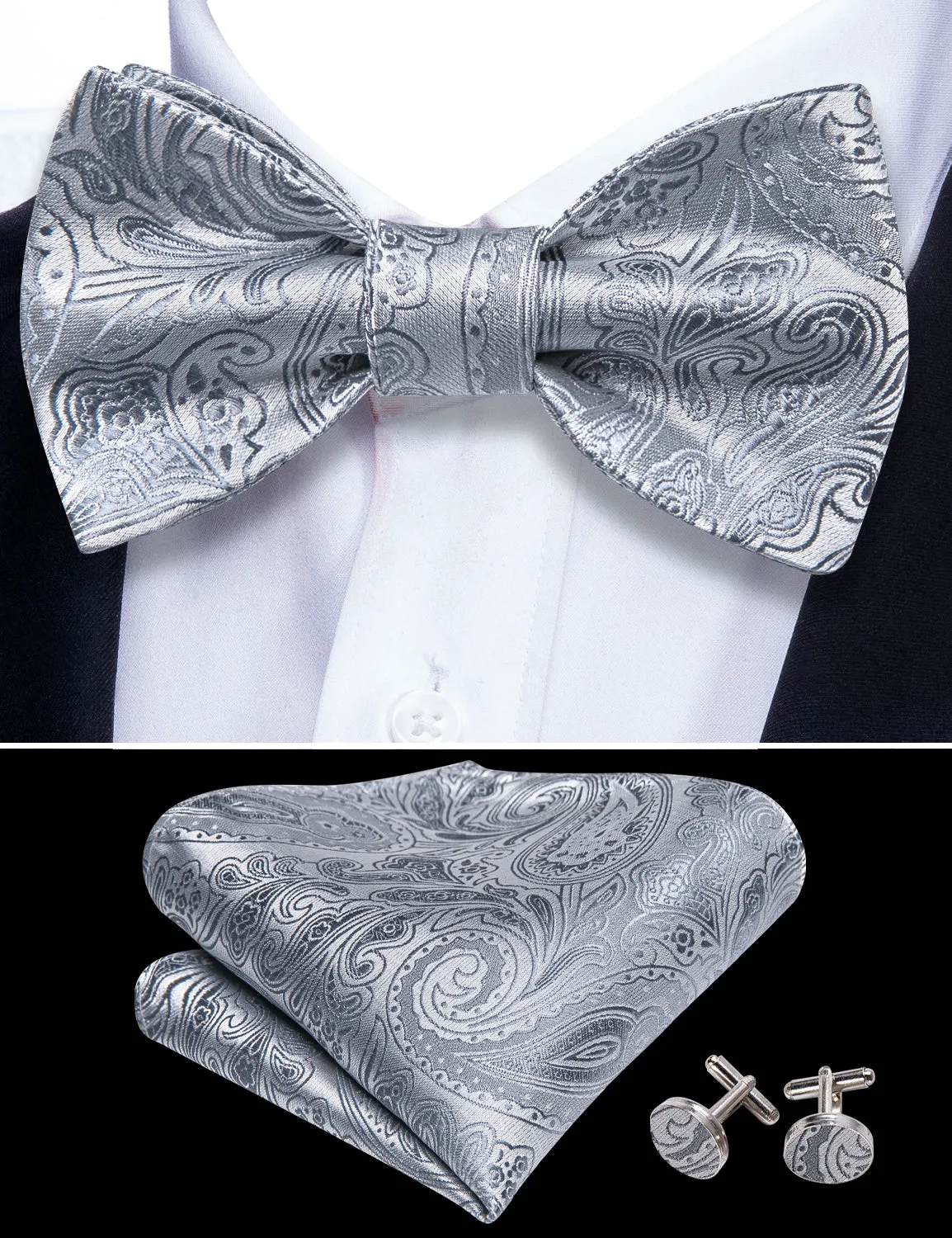Barry. Wang Silver Paisley Bow Tie Hanky Cufflinks Set sold by Barrywang product image thumbnail 4