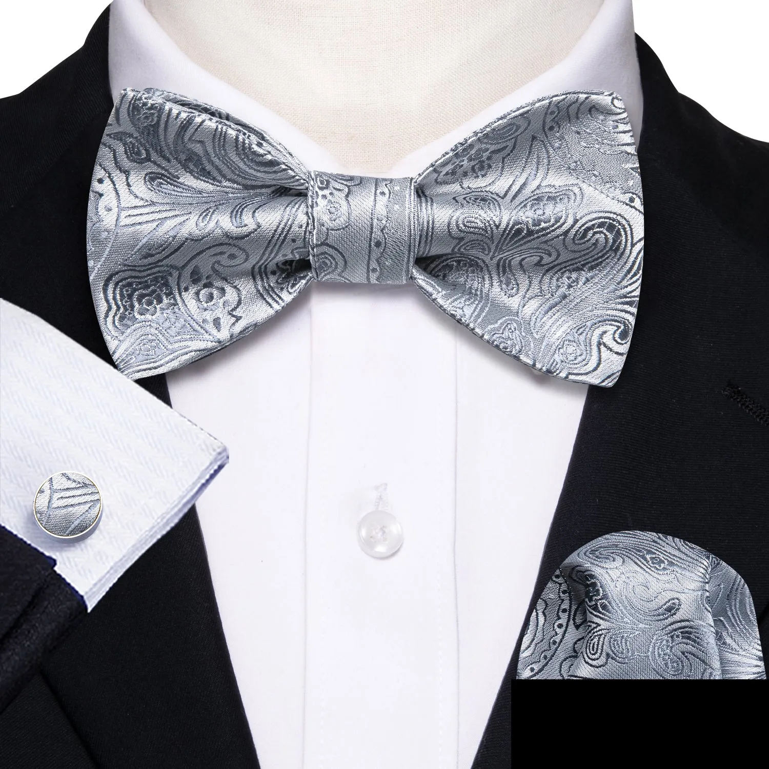 Barry. Wang Silver Paisley Bow Tie Hanky Cufflinks Set sold by Barrywang product image thumbnail 2