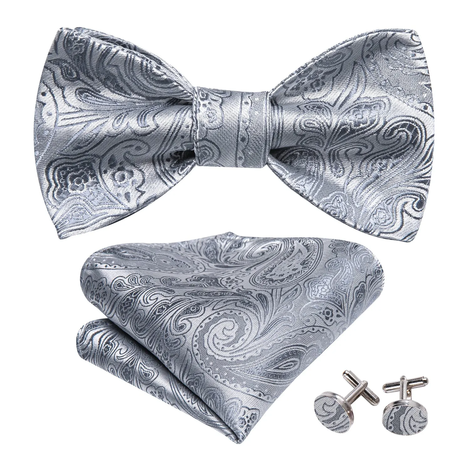 Barry. Wang Silver Paisley Bow Tie Hanky Cufflinks Set sold by Barrywang