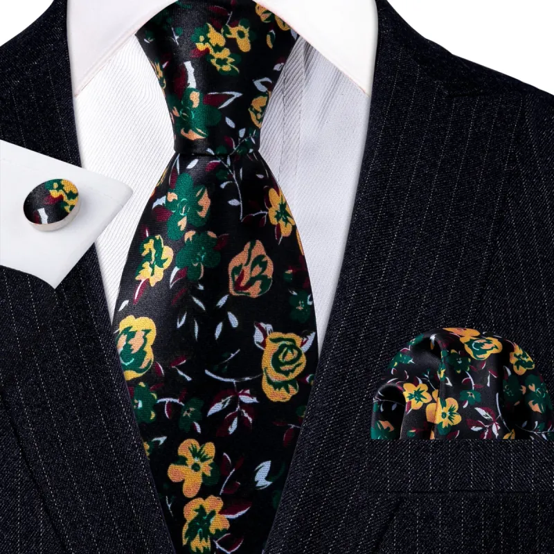 Barry Wang Black Tie Yellow Roses Floral Silk Tie Hanky Cufflinks Set sold by Barrywang