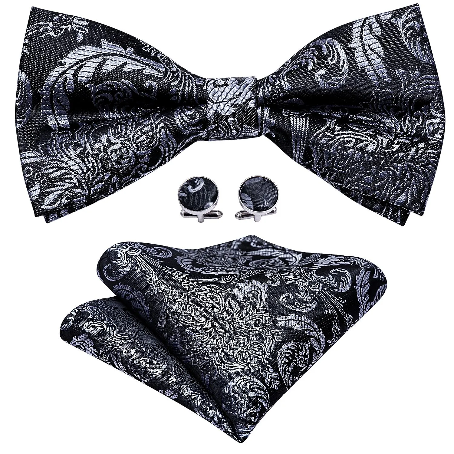 Barry. Wang Black Silver Paisley Pre-tied Bow Tie Hanky Cufflinks Set sold by Barrywang