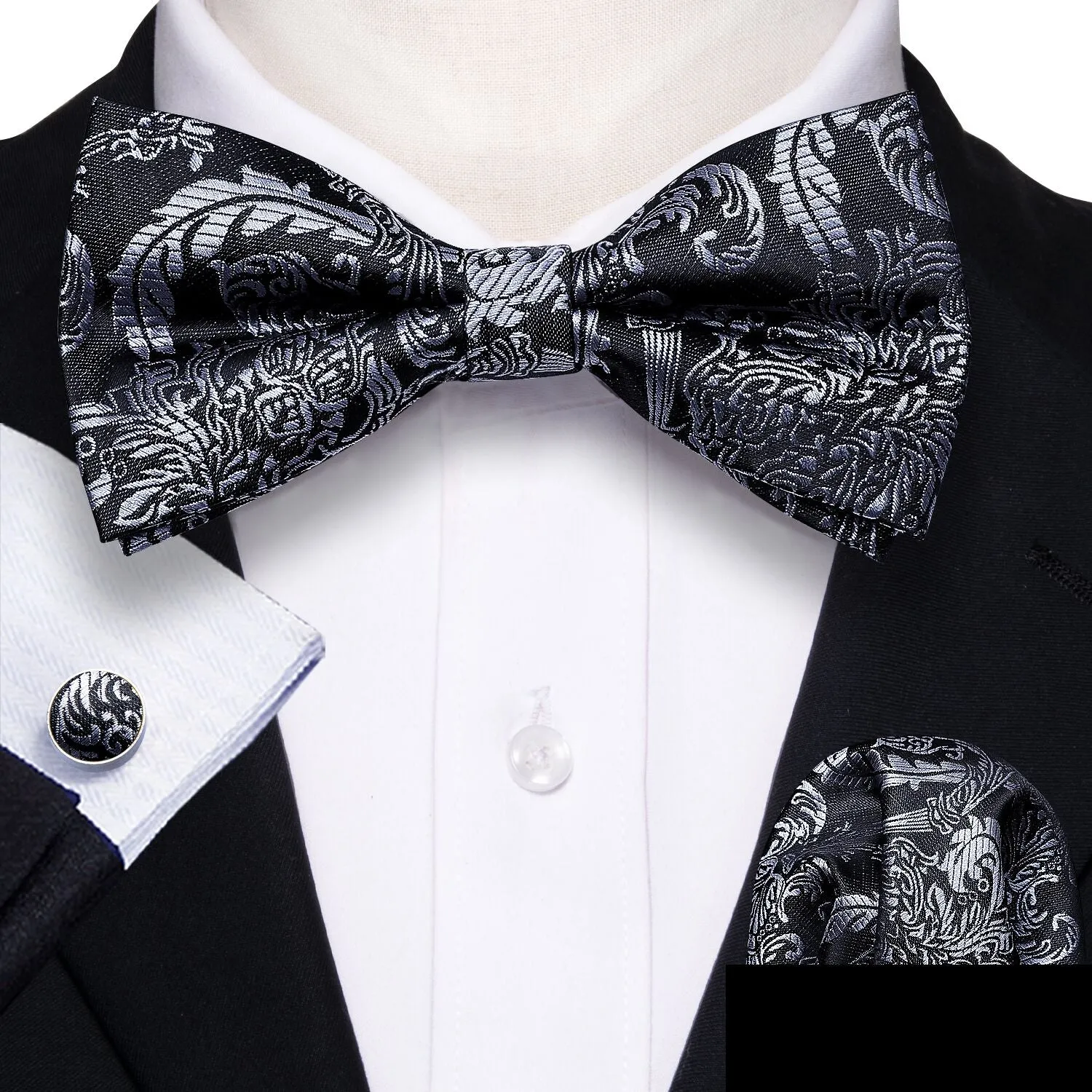 Barry. Wang Black Silver Paisley Pre-tied Bow Tie Hanky Cufflinks Set sold by Barrywang product image thumbnail 2