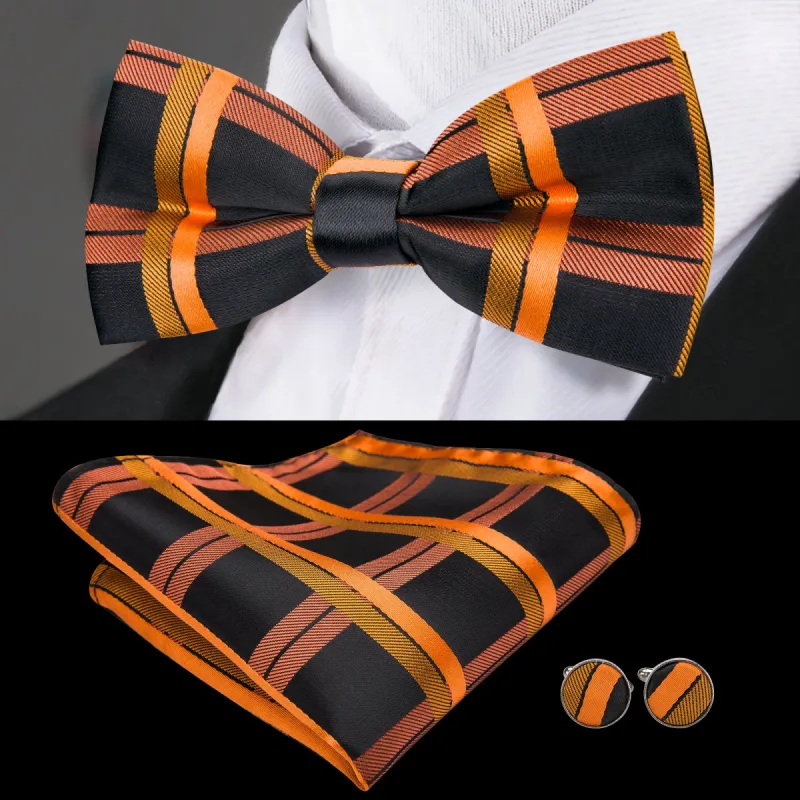 Barry. Wang Black Orange Plaid Pre-tied Men Bow Tie Hanky Cufflinks Set sold by Barrywang