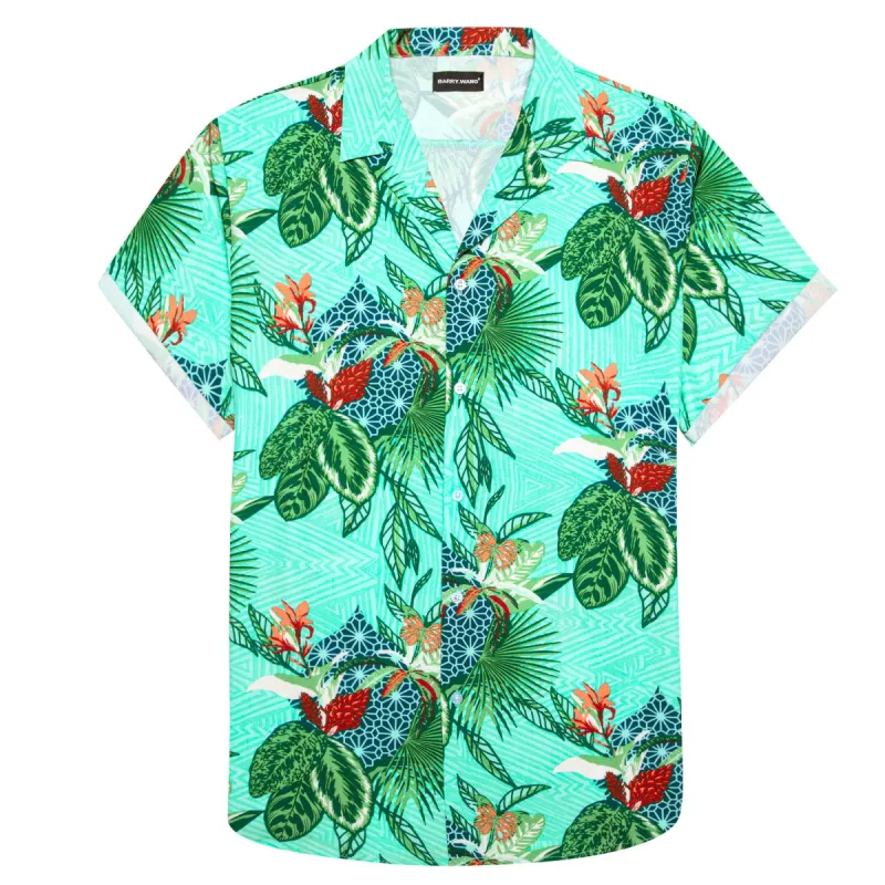 Barry Wang Men's Shirt Turquoise Floral Short Sleeves Silk Summer Hawaii Shirt sold by Barrywang