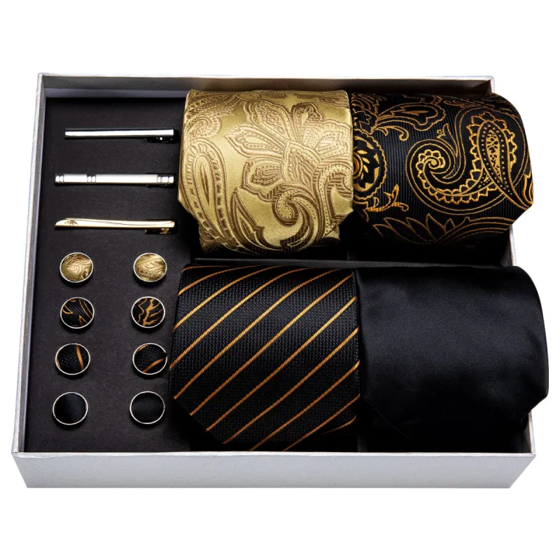 Barry.wang Black Tie 4pcs Gold Black Floral Silk Mens Necktie Pocket Square Cufflinks Clip Gift Box Set sold by Barrywang