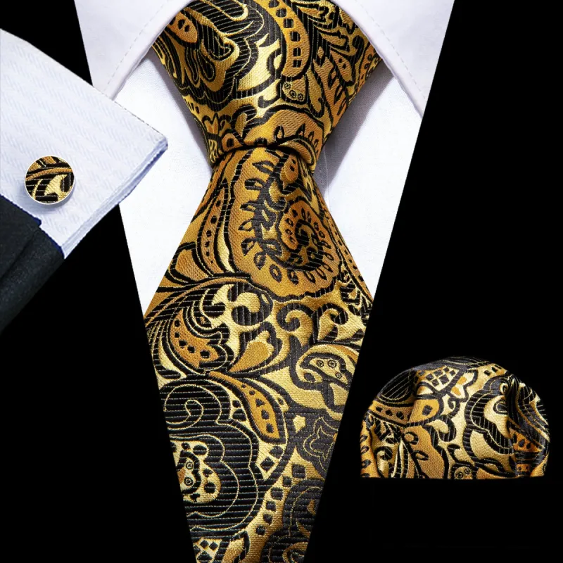Barry Wang Mens Gold Black Paisley Silk Tie Handkerchief Cufflinks Set sold by Barrywang