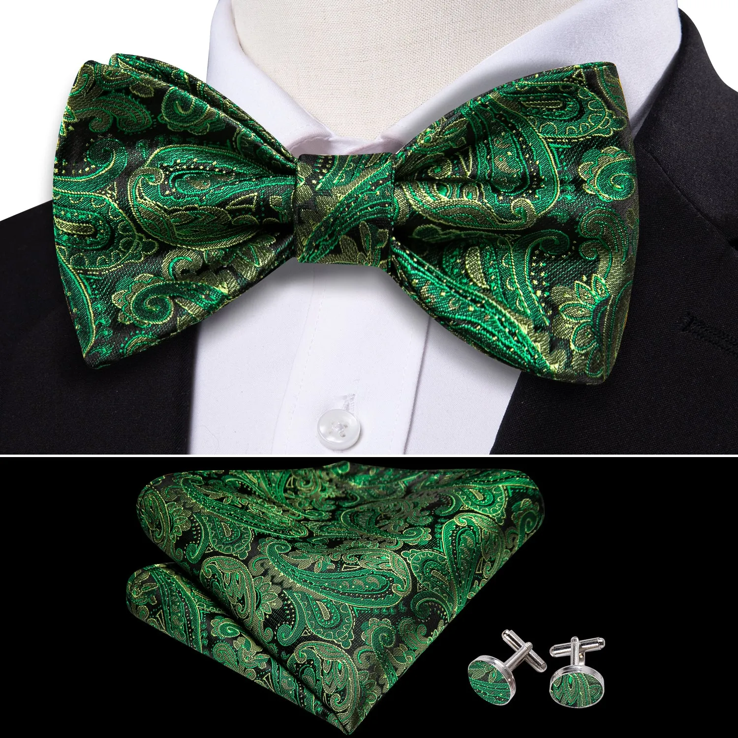 Grass Green Paisley Bow Tie Hanky Cufflinks Set sold by Barrywang product image thumbnail 3