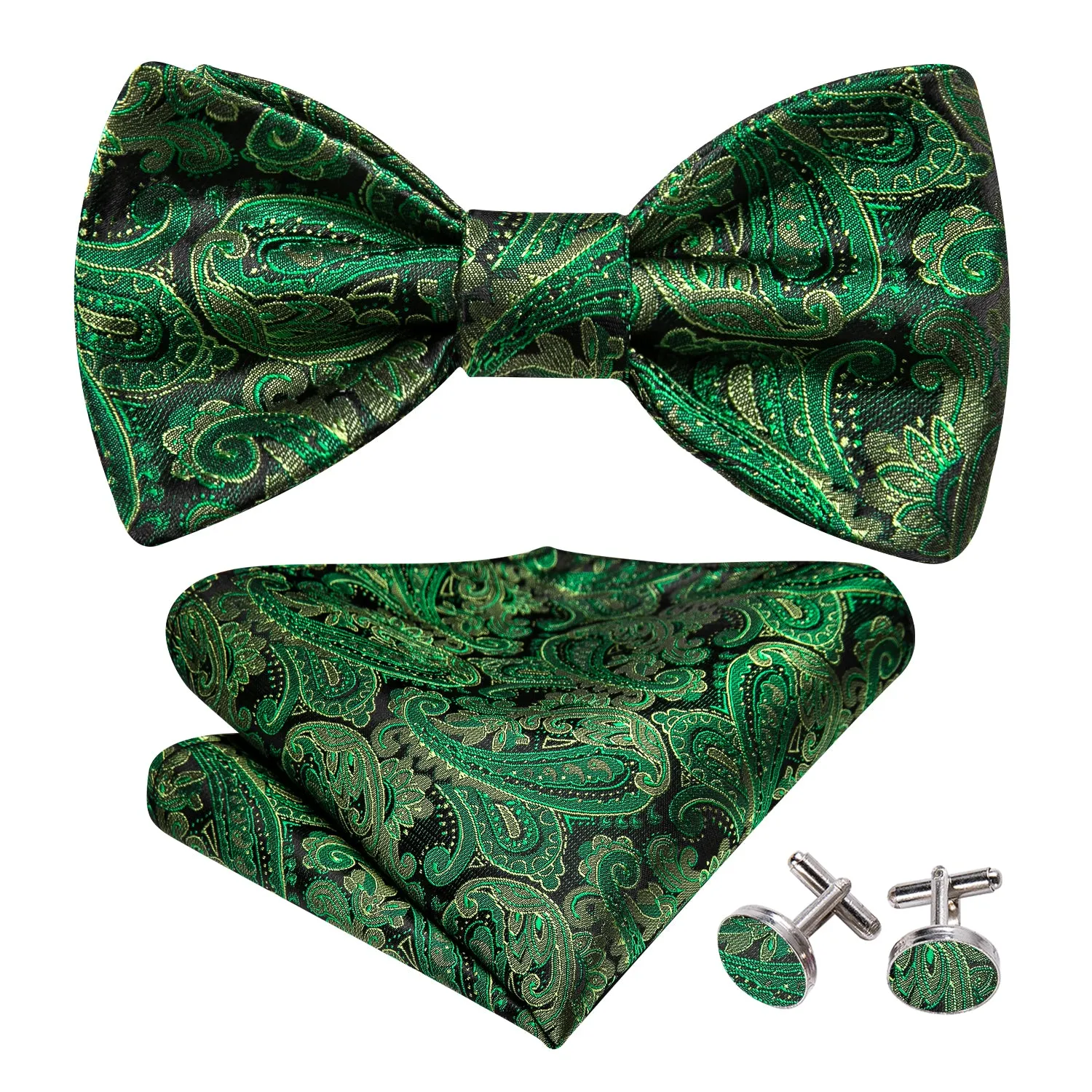 Grass Green Paisley Bow Tie Hanky Cufflinks Set sold by Barrywang