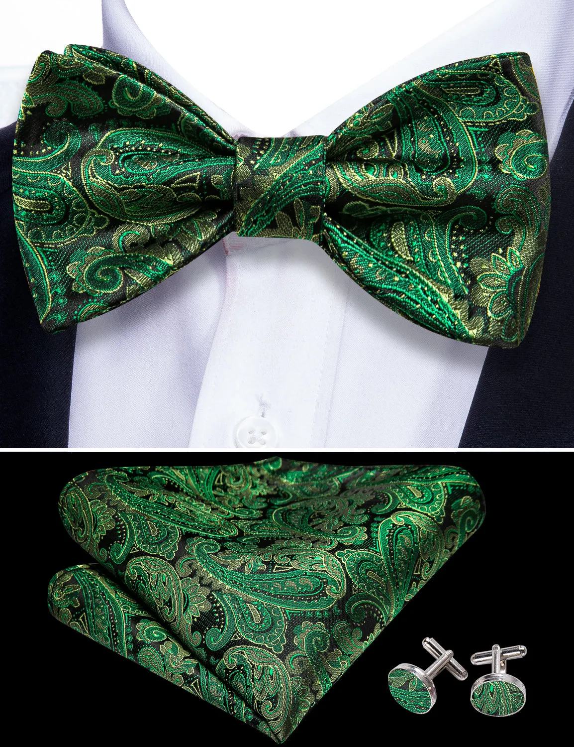 Grass Green Paisley Bow Tie Hanky Cufflinks Set sold by Barrywang product image thumbnail 4