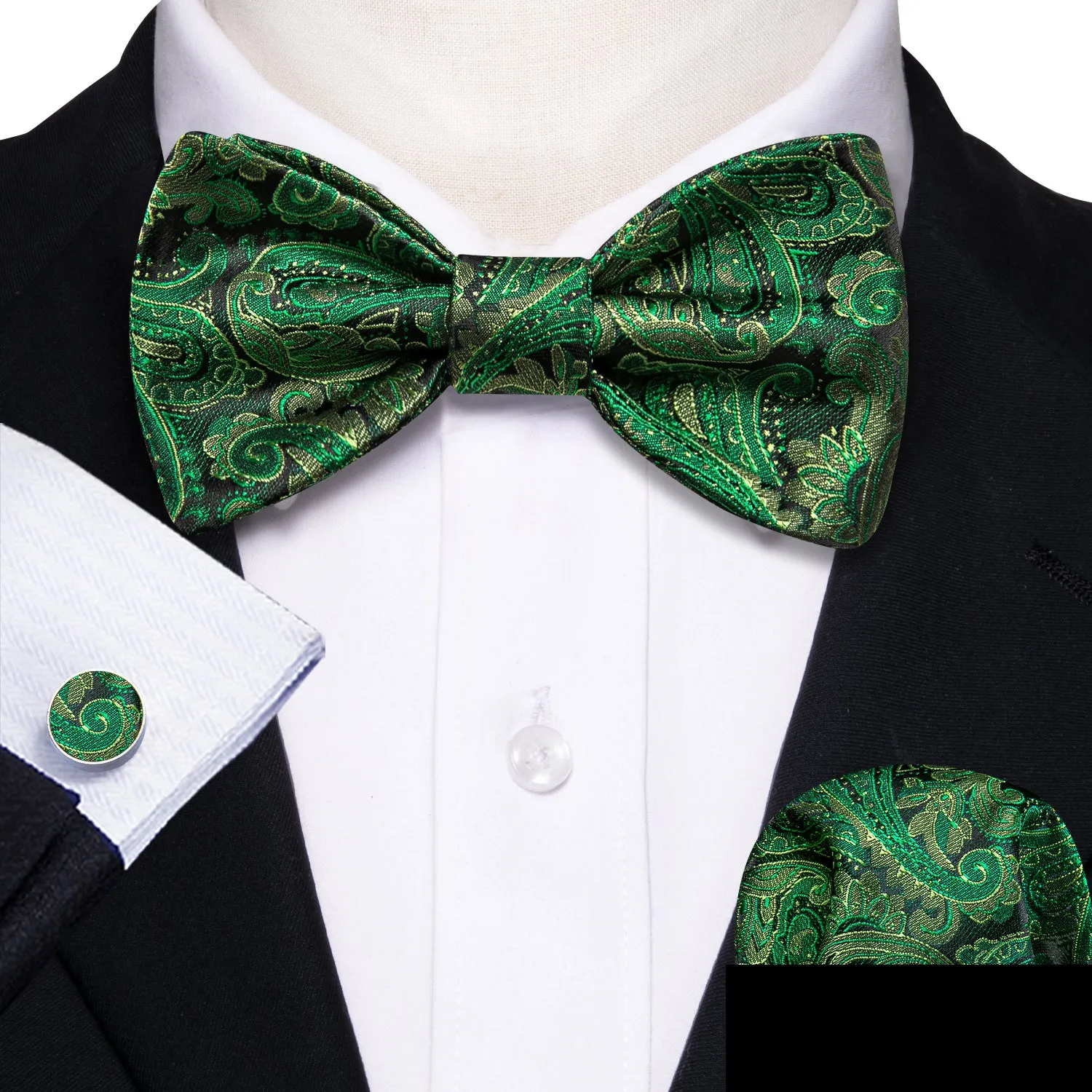 Grass Green Paisley Bow Tie Hanky Cufflinks Set sold by Barrywang product image thumbnail 2