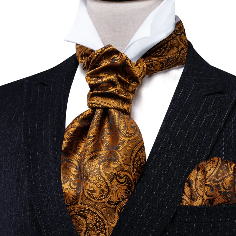 Barry. Wang Gold Brown Silk Paisley Ascot Handkerchief Cufflinks Set sold by Barrywang