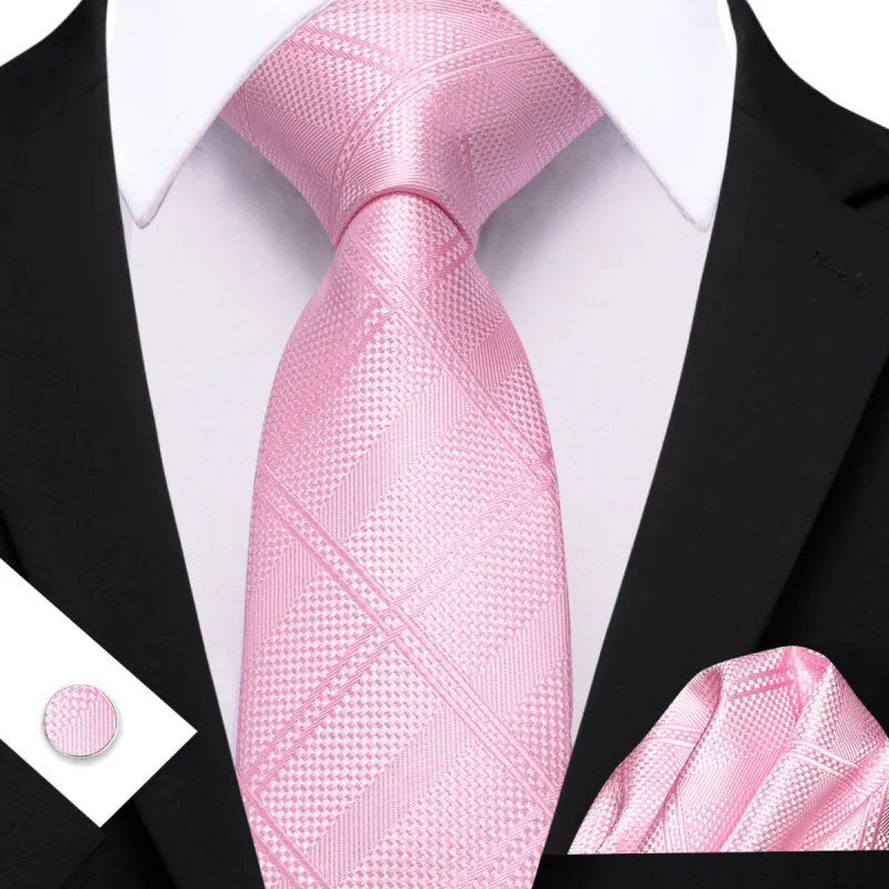 Barry Wang Pink Tie Mens Solid Checkered Necktie Set sold by Barrywang