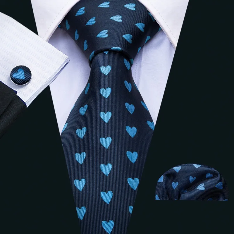 Barry Wang Navy Blue Tie Heart Novelty Men's Tie Hanky Cufflinks Set sold by Barrywang