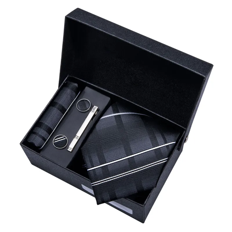 Barry. Wang Grey Striped Necktie Pocket Square Cufflink Clip Gift Box Set sold by Barrywang