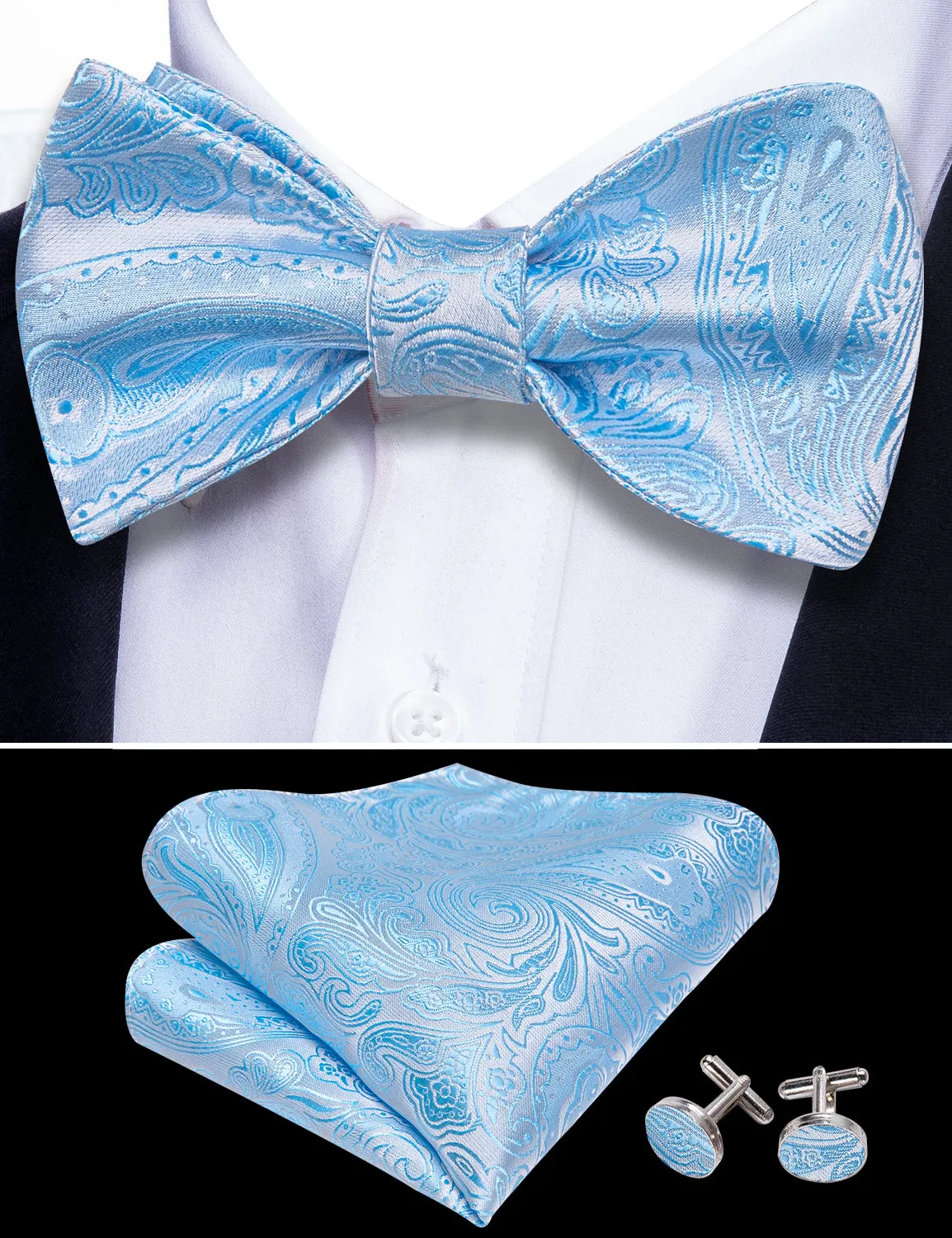 Barry Wang Light Blue Ties White Paisley Bow Tie Hanky Cufflinks Set sold by Barrywang product image thumbnail 4