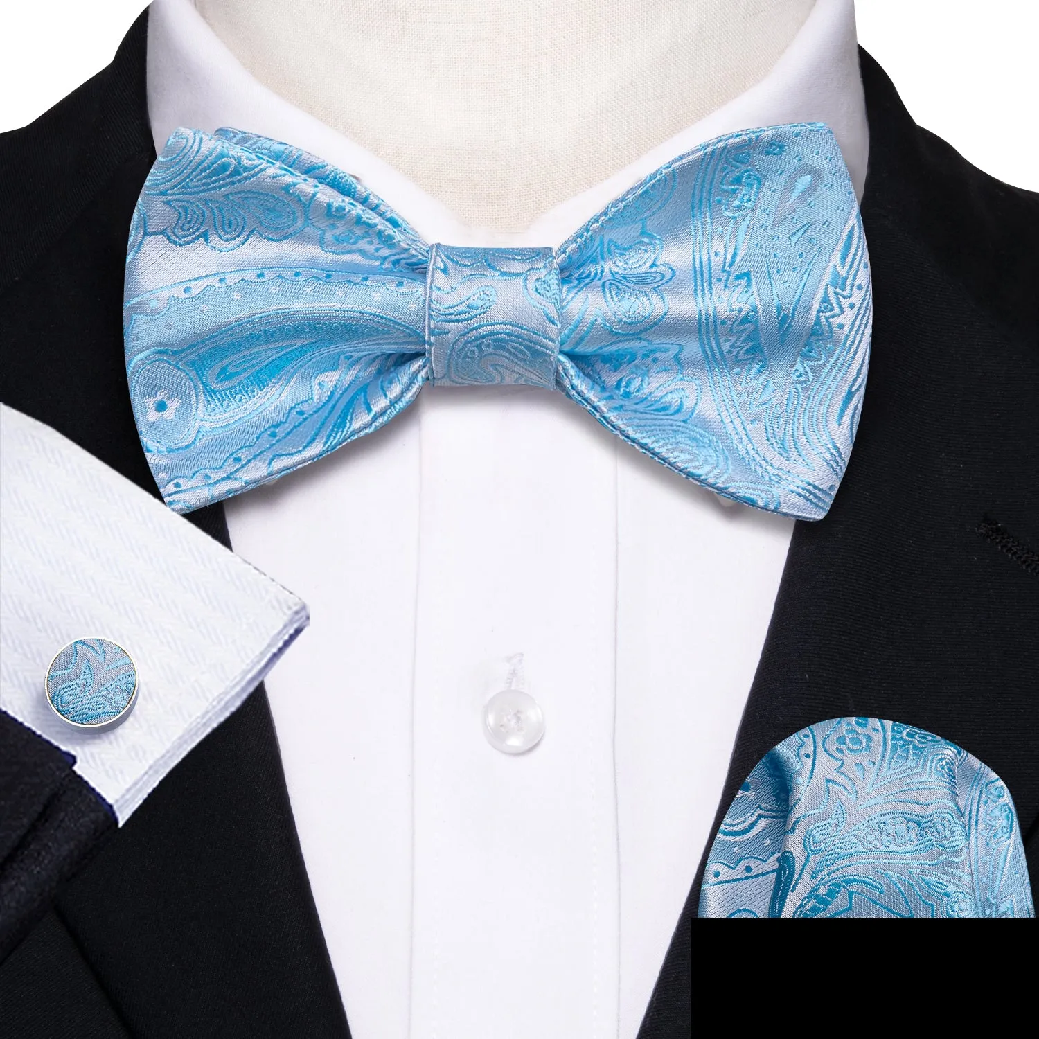 Barry Wang Light Blue Ties White Paisley Bow Tie Hanky Cufflinks Set sold by Barrywang product image thumbnail 2