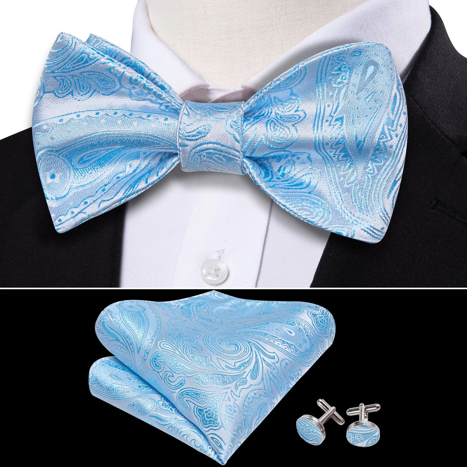 Barry Wang Light Blue Ties White Paisley Bow Tie Hanky Cufflinks Set sold by Barrywang product image thumbnail 3