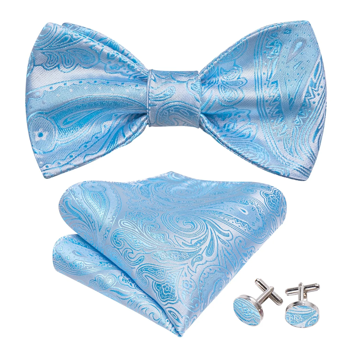 Barry Wang Light Blue Ties White Paisley Bow Tie Hanky Cufflinks Set sold by Barrywang