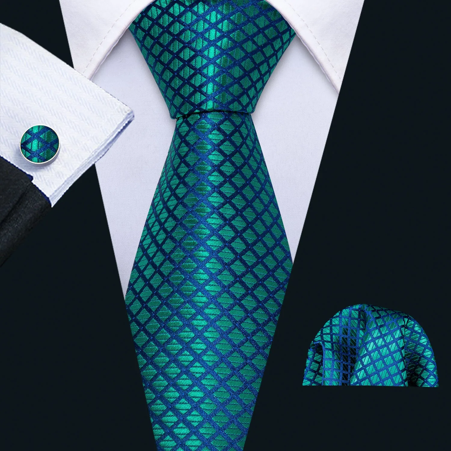 Barry Wang Checkered Teal Blue Plaid Tie Pocket Square Cufflinks Set sold by Barrywang