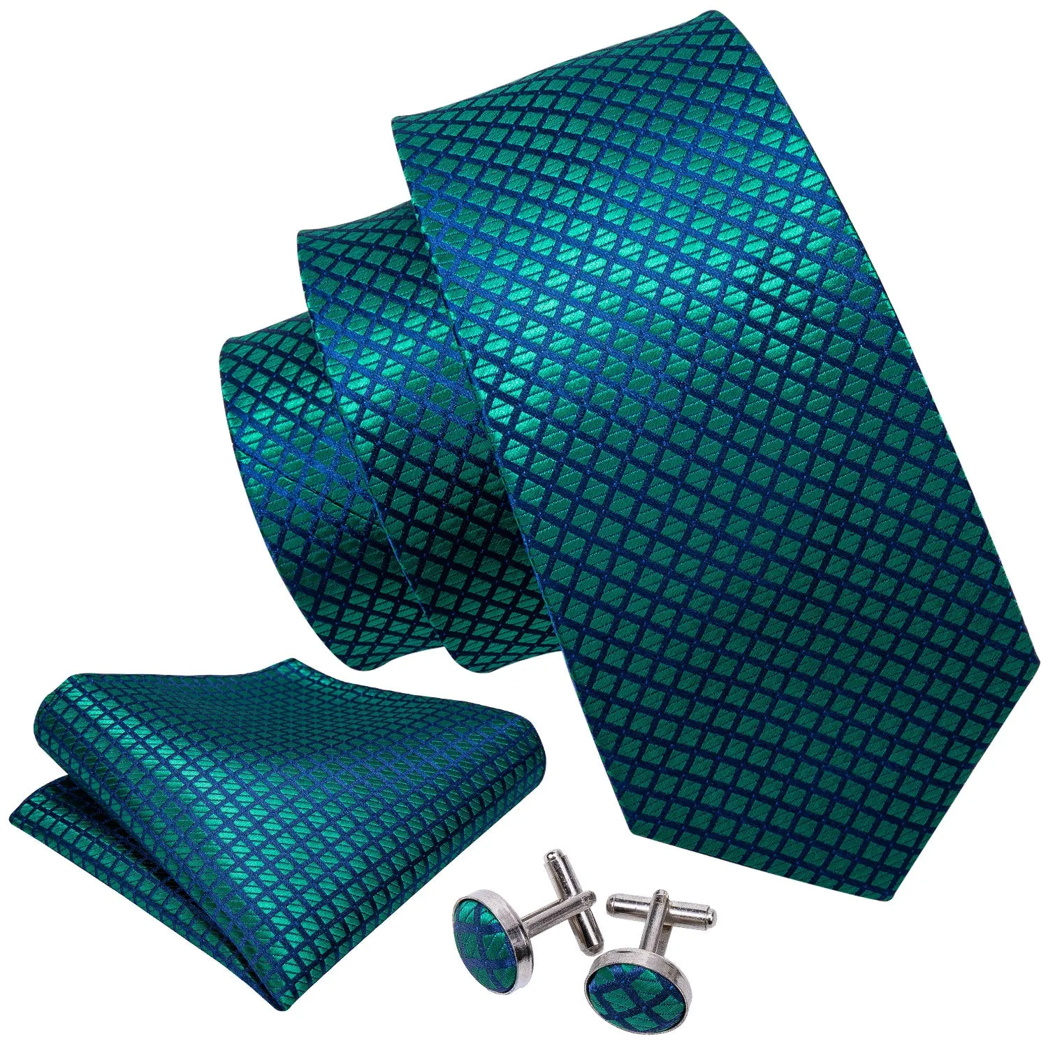 Barry Wang Checkered Teal Blue Plaid Tie Pocket Square Cufflinks Set sold by Barrywang product image thumbnail 3