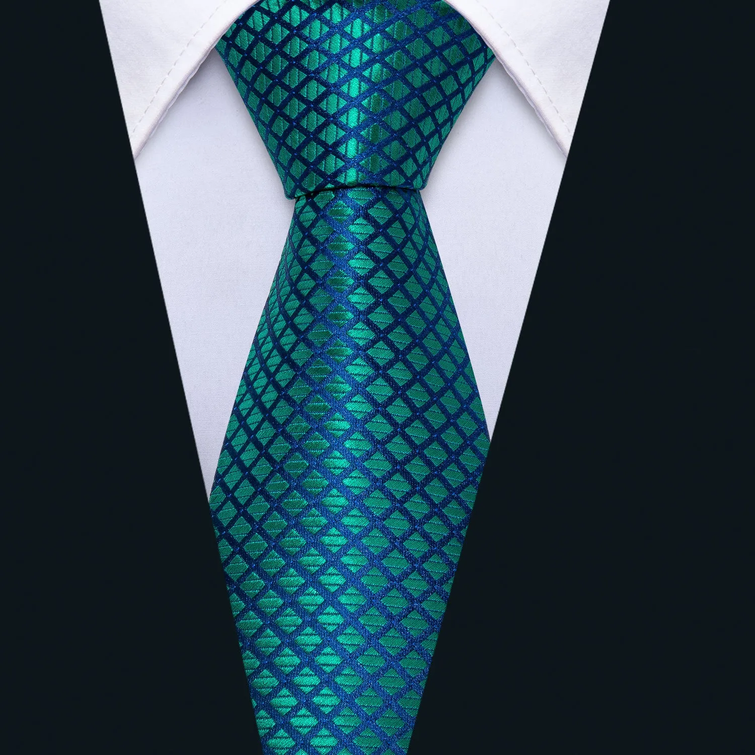 Barry Wang Checkered Teal Blue Plaid Tie Pocket Square Cufflinks Set sold by Barrywang product image thumbnail 2