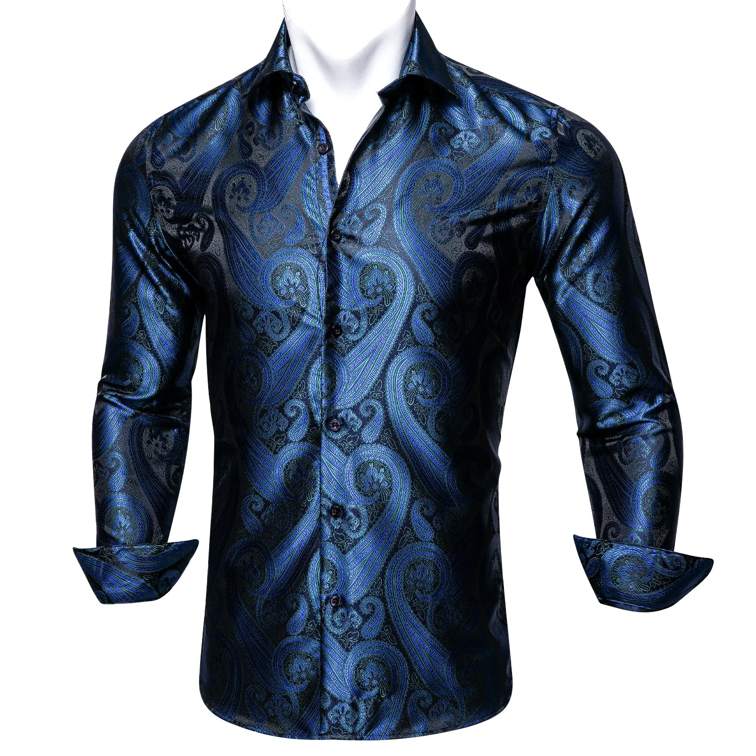 Barry Wang DeepBlue Silk Paisley Long Sleeve Daily Slim Fit Mens Shirt sold by Barrywang product image thumbnail 5