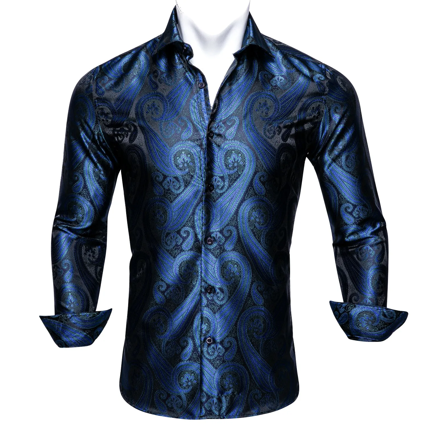 Barry Wang DeepBlue Silk Paisley Long Sleeve Daily Slim Fit Mens Shirt sold by Barrywang product image thumbnail 4