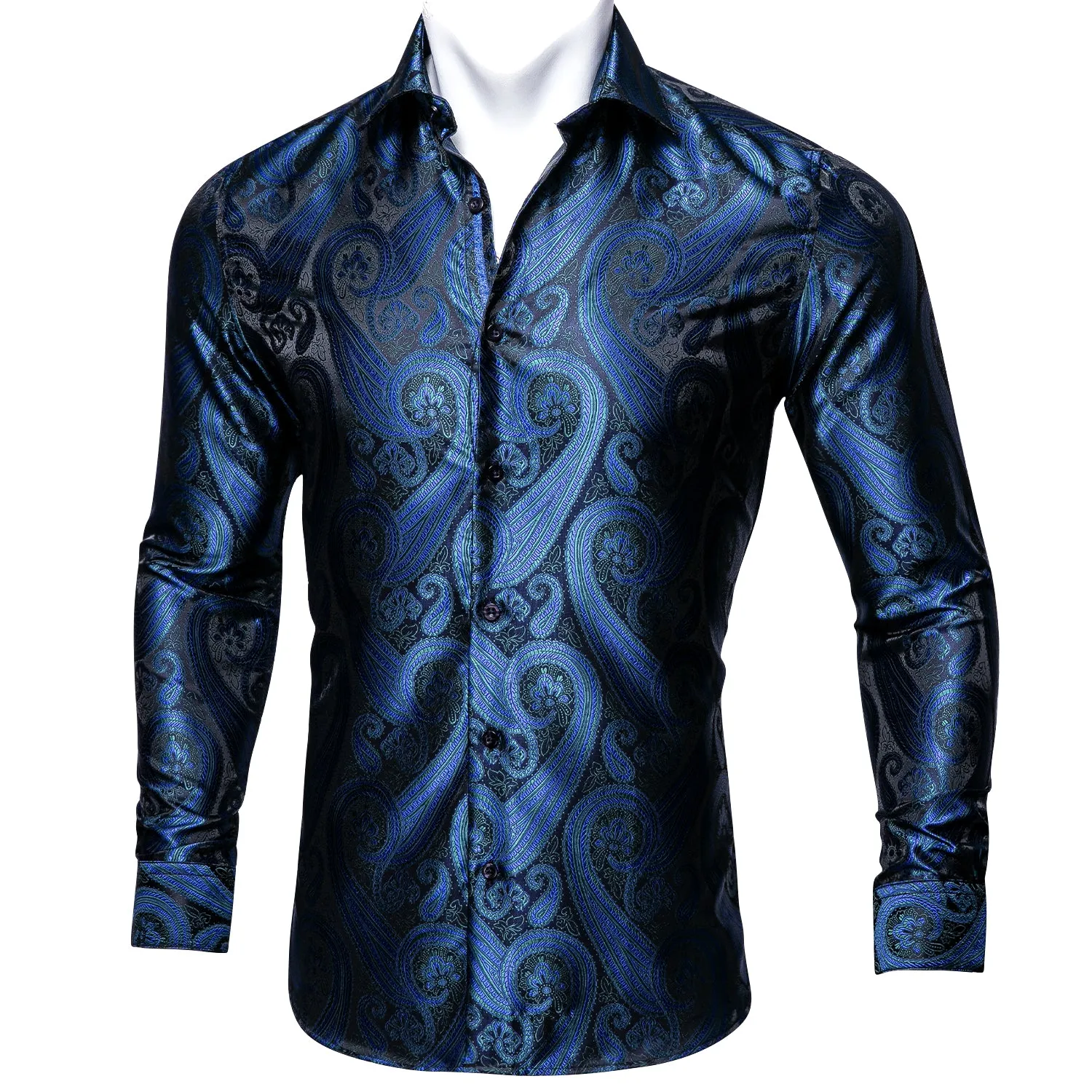 Barry Wang DeepBlue Silk Paisley Long Sleeve Daily Slim Fit Mens Shirt sold by Barrywang product image thumbnail 3