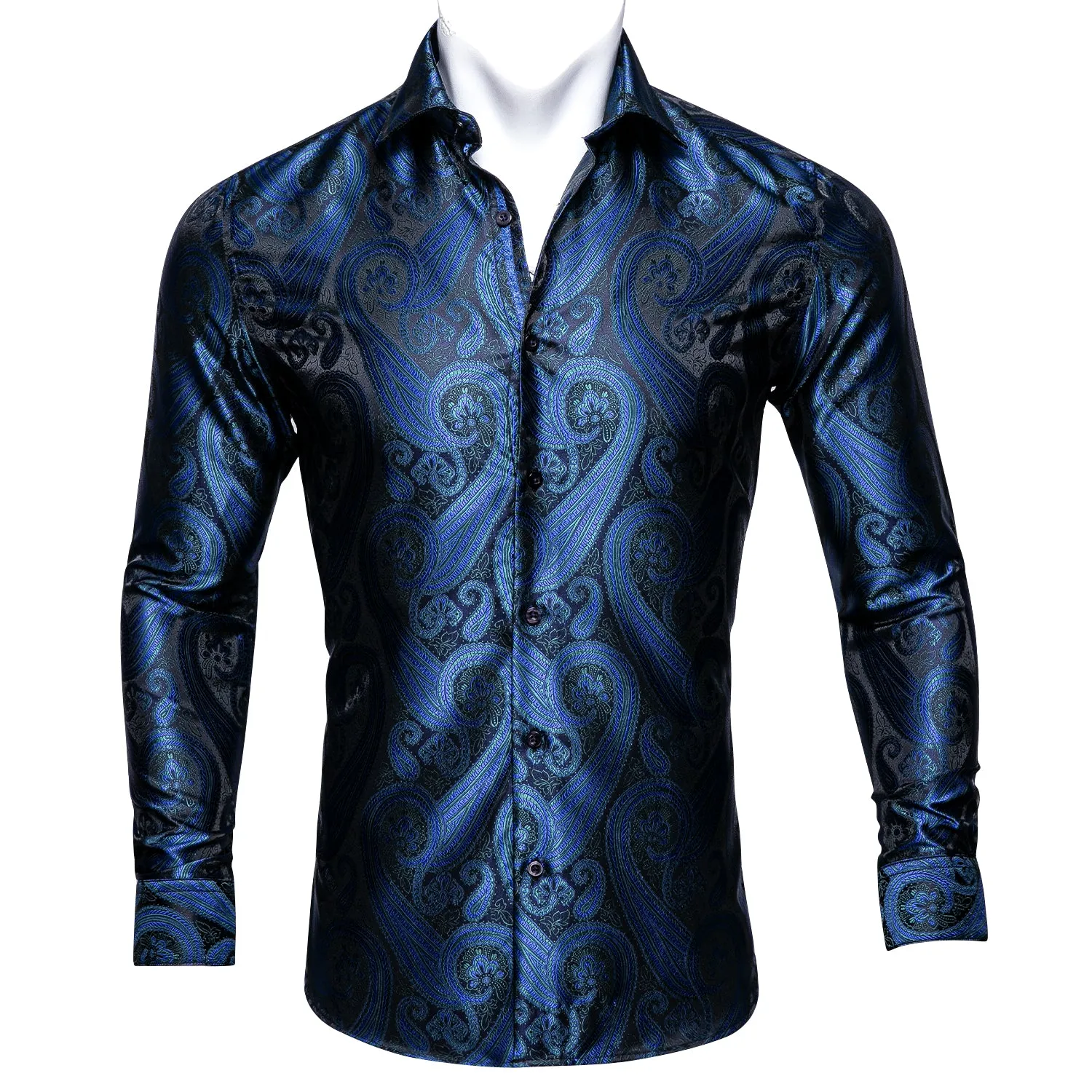 Barry Wang DeepBlue Silk Paisley Long Sleeve Daily Slim Fit Mens Shirt sold by Barrywang