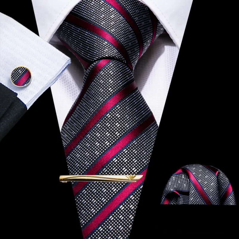 Barry. Wang Grey Tie Red Striped Silk Necktie Hanky Cufflinks Tie Clip Set 4PC sold by Barrywang