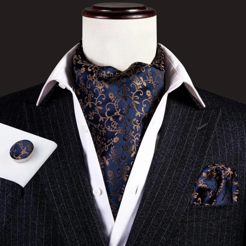Barry Wang Mens Silk Black Golden Floral Ascot Handkerchief Cufflinks sold by Barrywang
