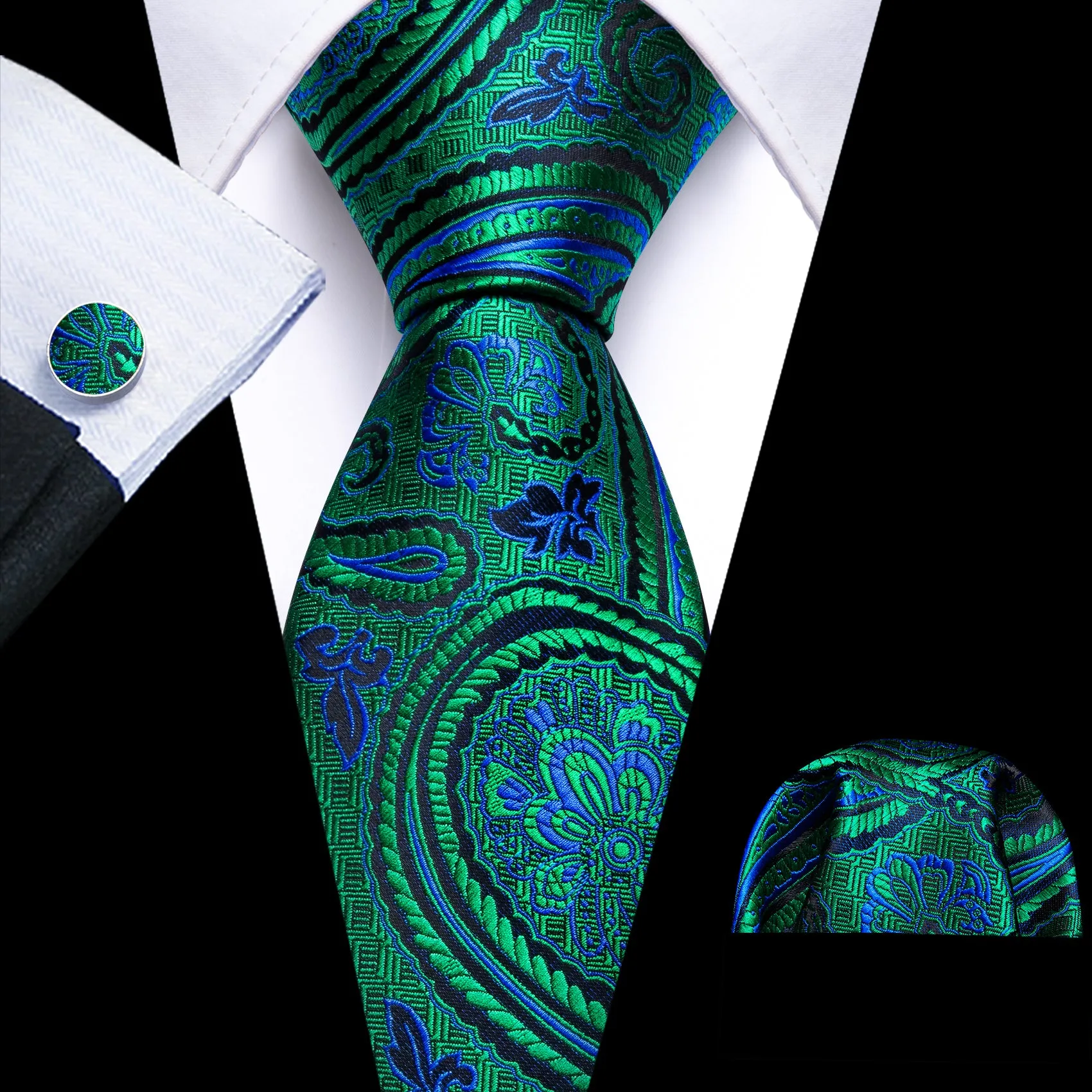Barry. Wang Green Tie Classy Teal Blue Paisley Tie Hanky Cufflinks Set sold by Barrywang