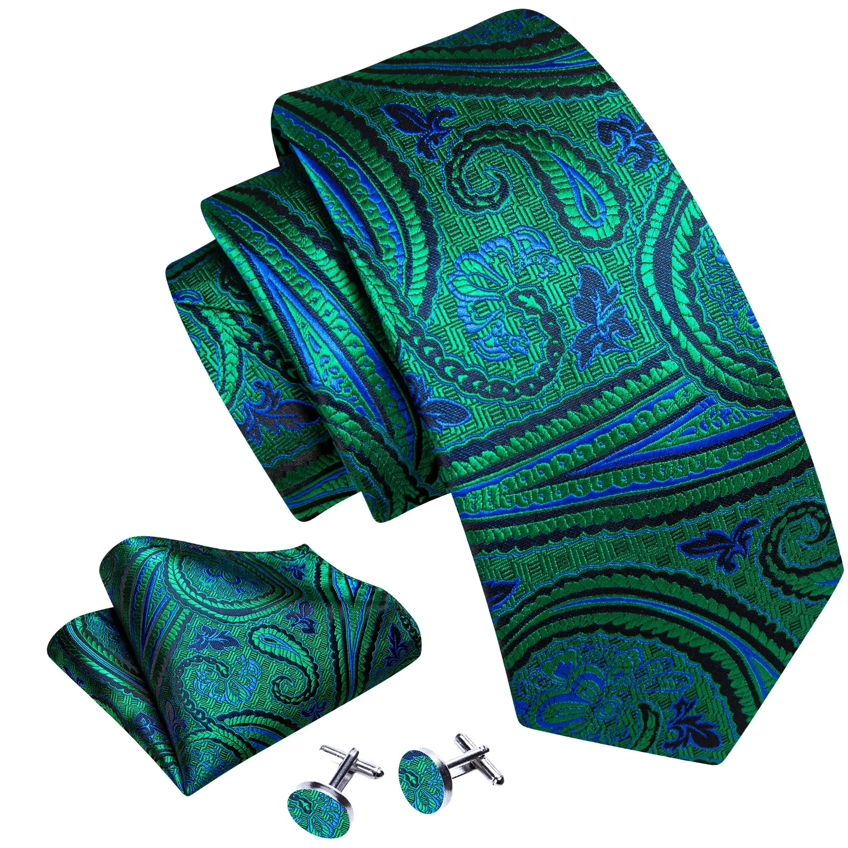 Barry. Wang Green Tie Classy Teal Blue Paisley Tie Hanky Cufflinks Set sold by Barrywang product image thumbnail 2