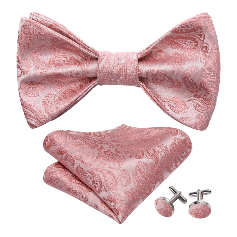 Pink Silver Paisley Silk Bow Tie Hanky Cufflinks Set sold by Barrywang