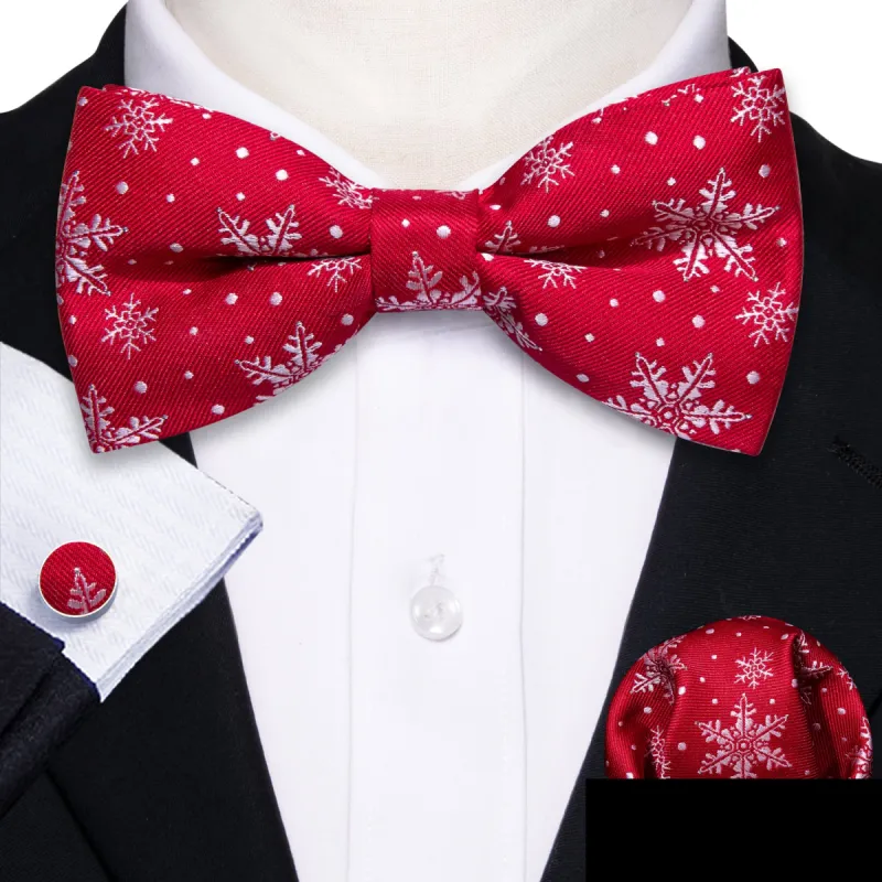 Barry.wang Christmas Tie Red White Snowflake Silk Pre-tied Bow Tie Hanky Cufflinks Set sold by Barrywang